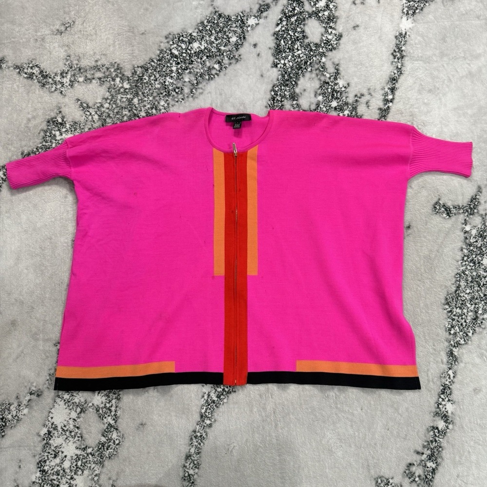 St John Womens Hot Pink Colorblock S Zip Front Knit Cardigan Jacket Wool Rayon